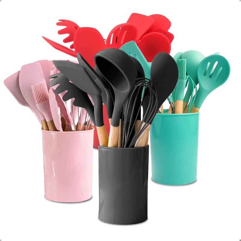 Kit Chef Elegance: 10 Utensílios de Cozinha em Silicone com cabo de Madeira e de BRINDE ganhe um Pegador de Salada e um Porta Utensílios MAIS um E-BOOK EXCLUSIVO com receitas fáceis e práticas para o seu dia a dia.
